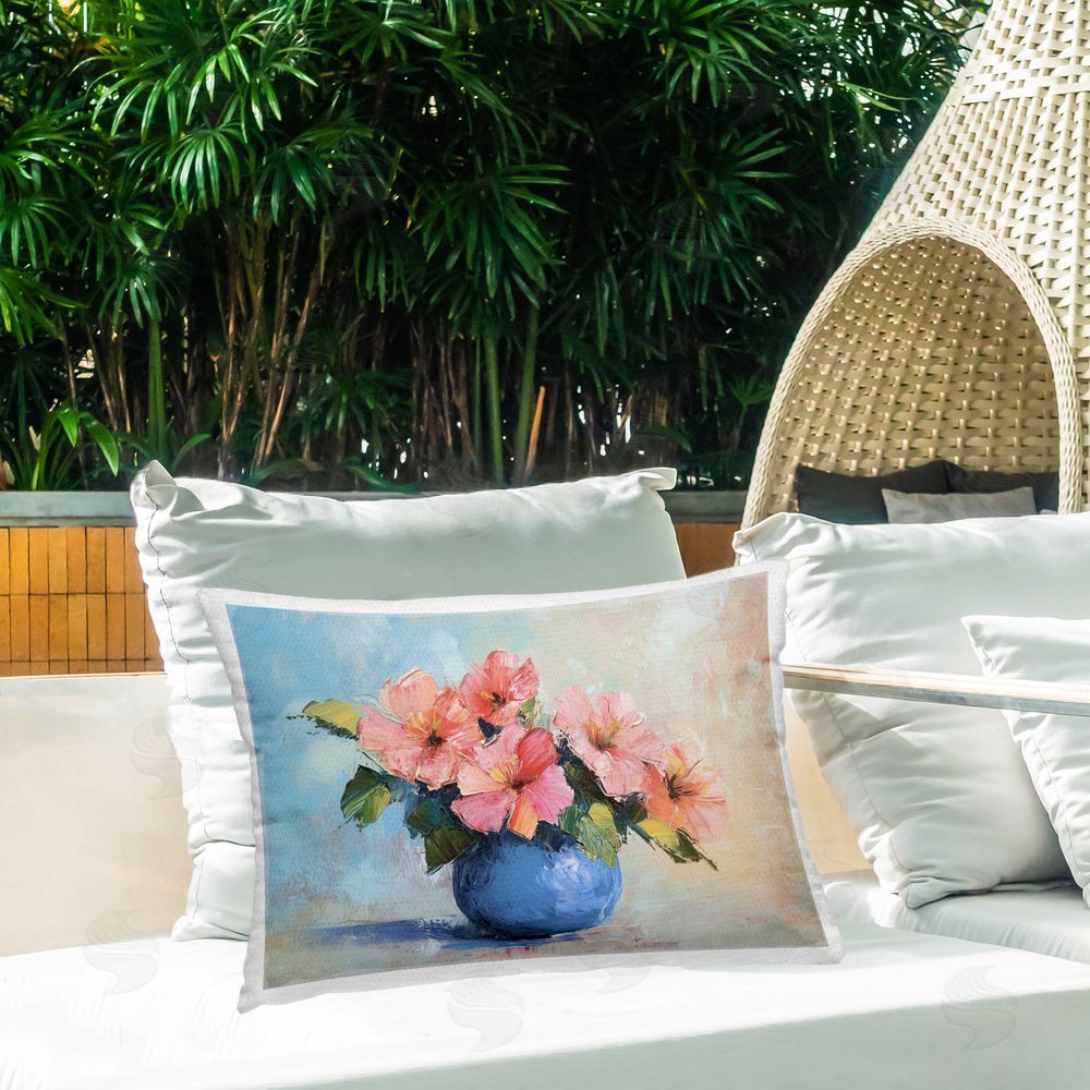 Gina Kelly Hibiscus Flowers in Blue Vase Outdoor Printed Throw Pillow on Patio