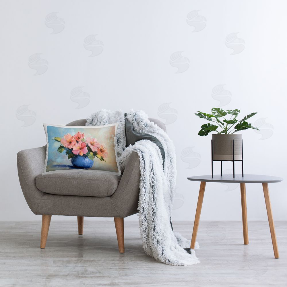 Gina Kelly Hibiscus Flowers in Blue Vase Printed Indoor Throw Pillow in Room