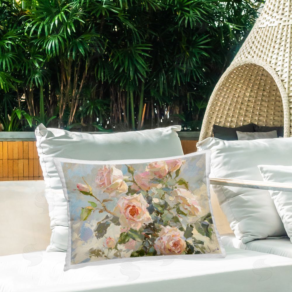 Creative Studio Beautiful Pink Roses Bundle Outdoor Rectangular Pillow on Patio