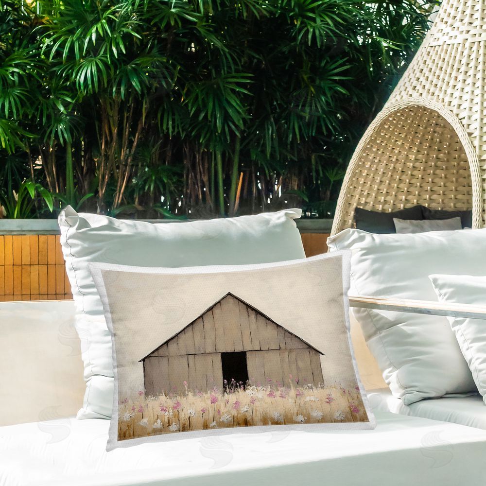Franklyn Gregory Muted Barn in Meadow Outdoor Printed Throw Pillow on Patio