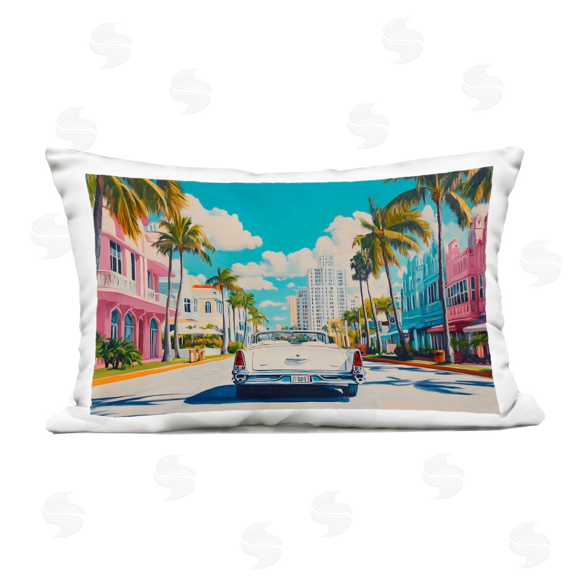 Franklyn Gregory Classic Car in Tropical Town Outdoor Printed Throw Pillow