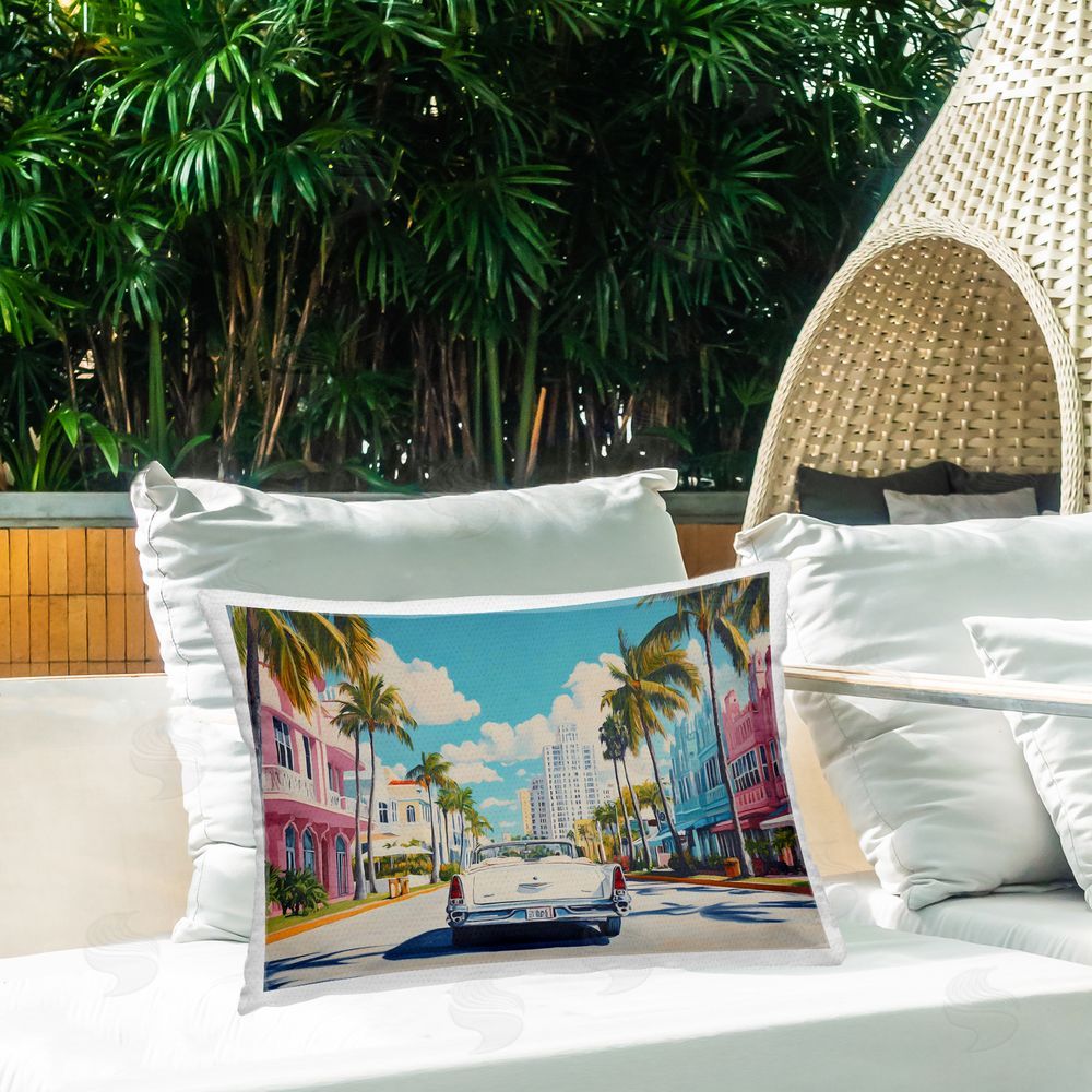 Franklyn Gregory Classic Car in Tropical Town Outdoor Printed Throw Pillow on Patio