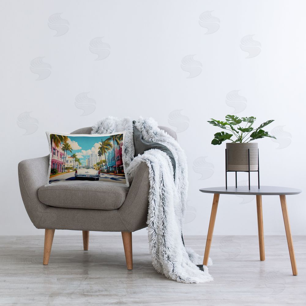 Franklyn Gregory Classic Car in Tropical Town Printed Indoor Throw Pillow in Room