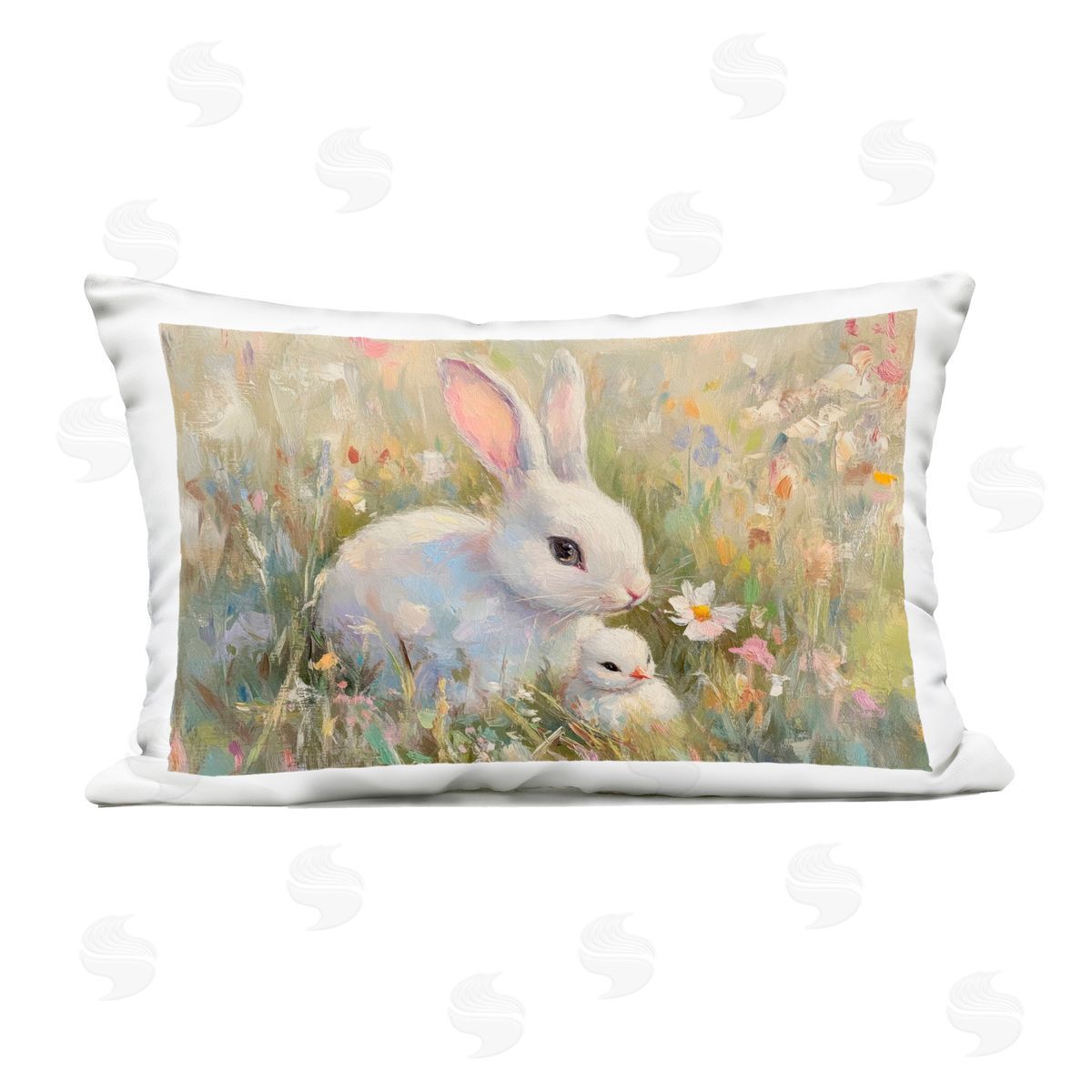 Petal Prints Design White Rabbit Easter and Flowers Outdoor Printed Throw Pillow
