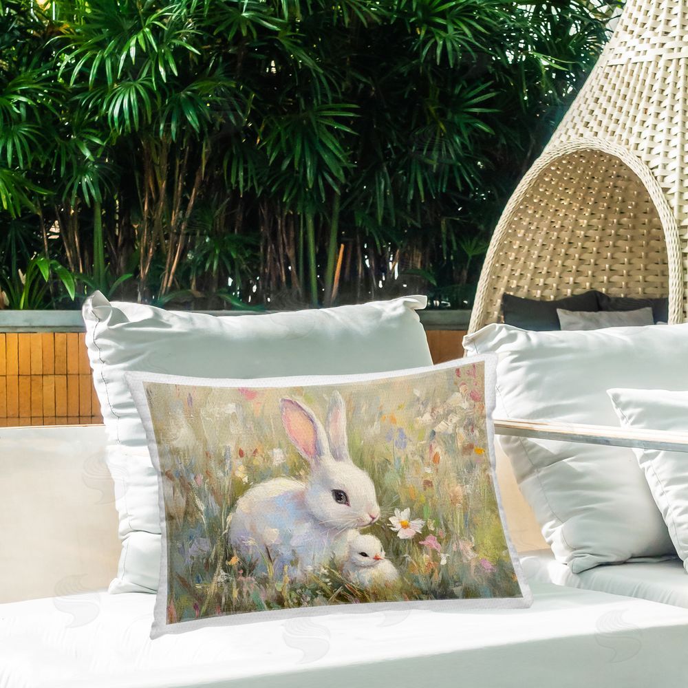 Petal Prints Design White Rabbit Easter and Flowers Outdoor Printed Throw Pillow on Patio