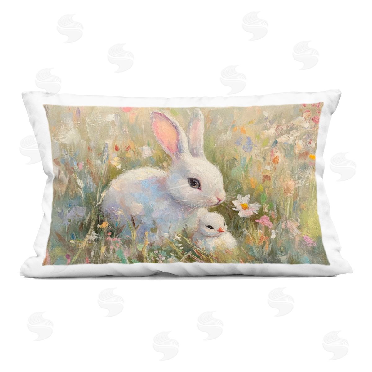 Petal Prints Design White Rabbit Easter and Flowers Indoor Printed Throw Pillow