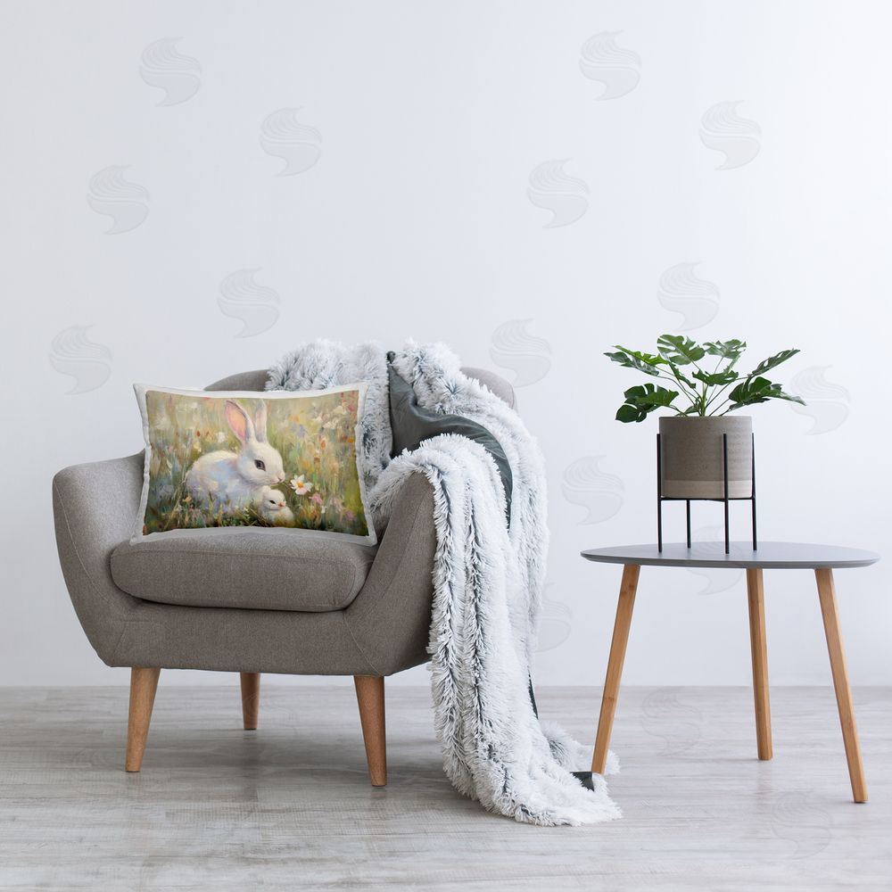 Petal Prints Design White Rabbit Easter and Flowers Printed Indoor Throw Pillow in Room