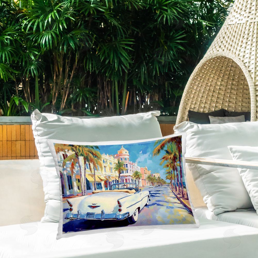 Franklyn Gregory Vintage Convertible Boulevard Outdoor Printed Throw Pillow on Patio