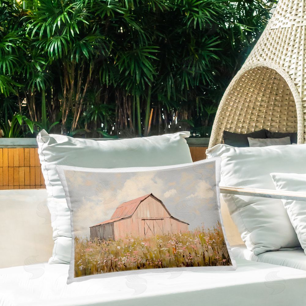 Franklyn Gregory Blush Pink Barn Outdoor Printed Throw Pillow on Patio