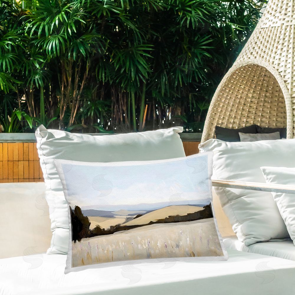 Franklyn Gregory Rolling White Fields Outdoor Printed Throw Pillow on Patio