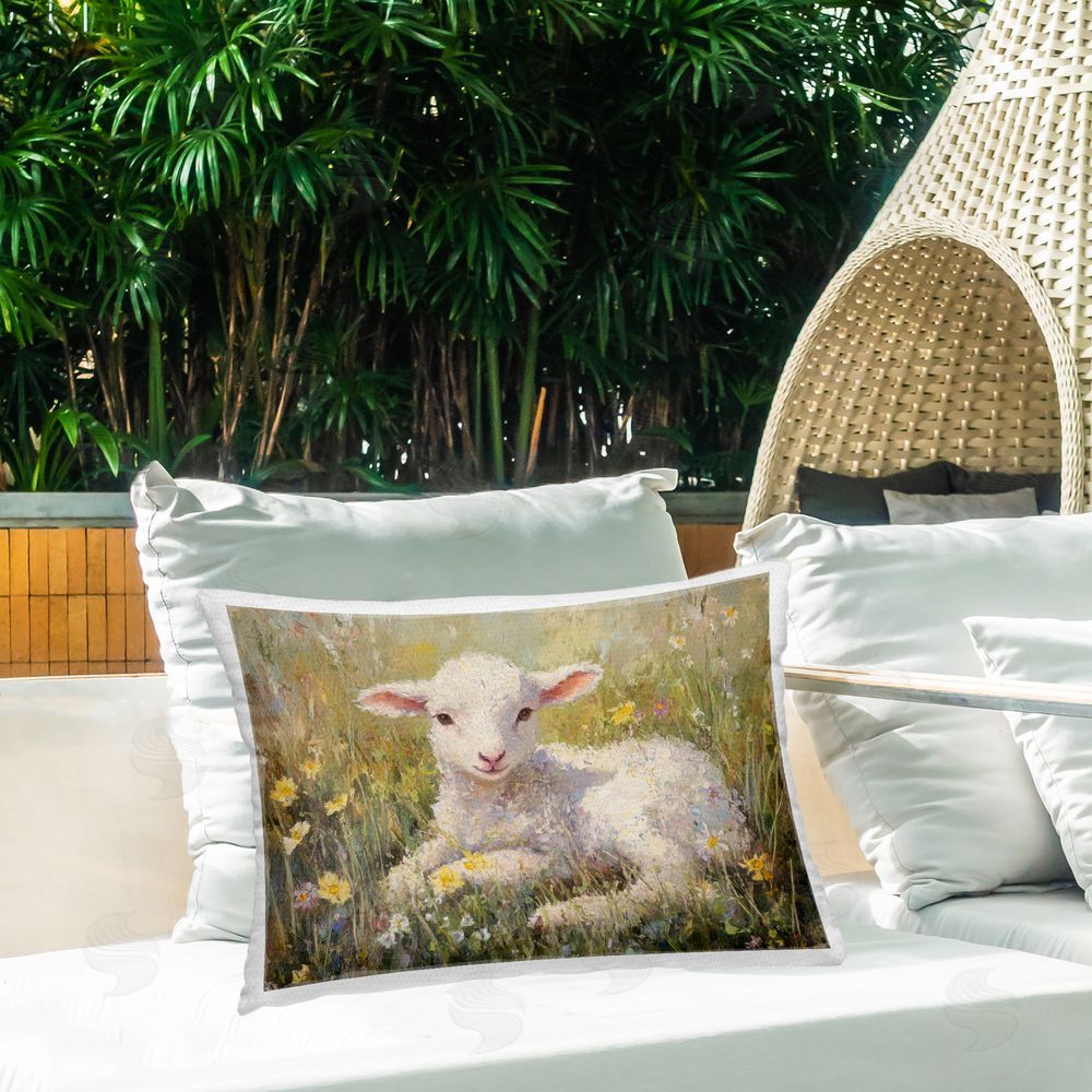 Petal Prints Design Sunlight Lamb in Flowers Outdoor Printed Throw Pillow on Patio