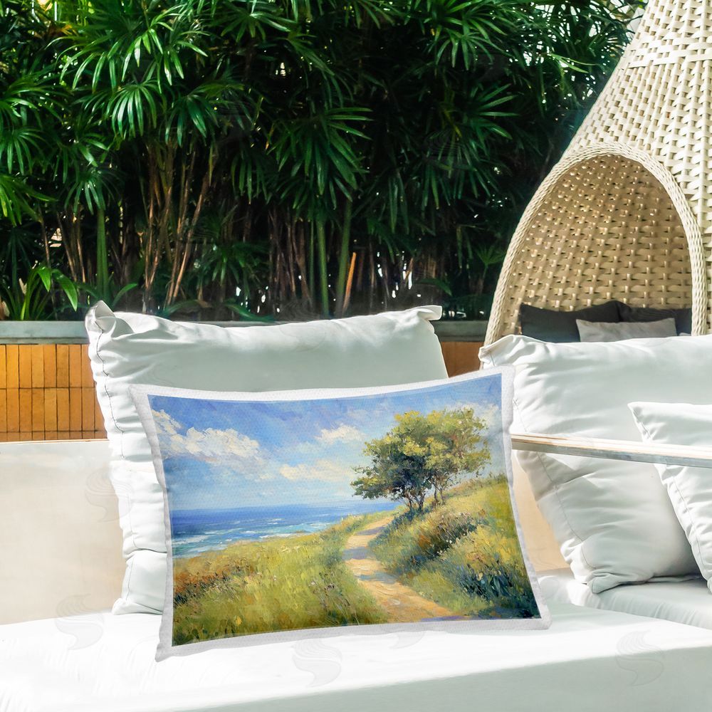 Gina Kelly Ocean Coast Walk Landscape Outdoor Printed Throw Pillow on Patio