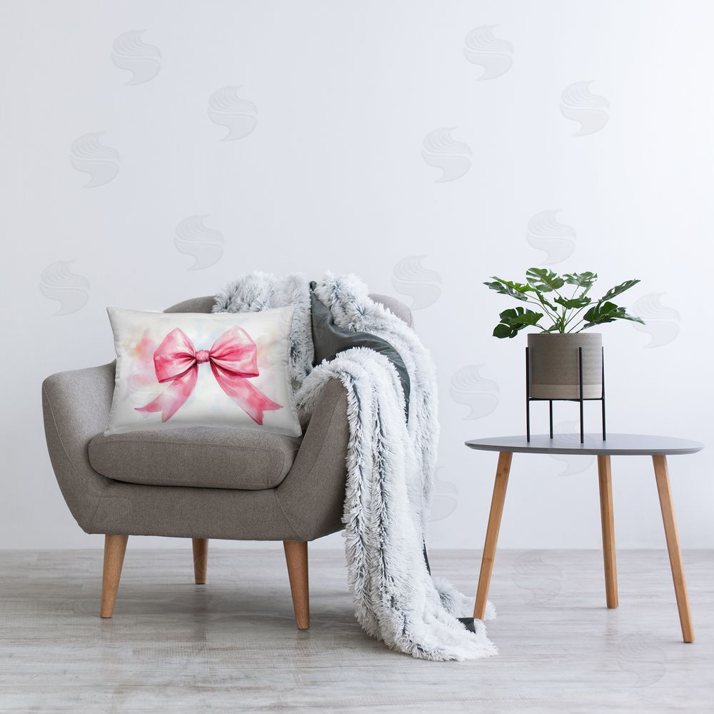 Creative Studio Watercolor Fade Pink Bow Printed Indoor Throw Pillow in Room