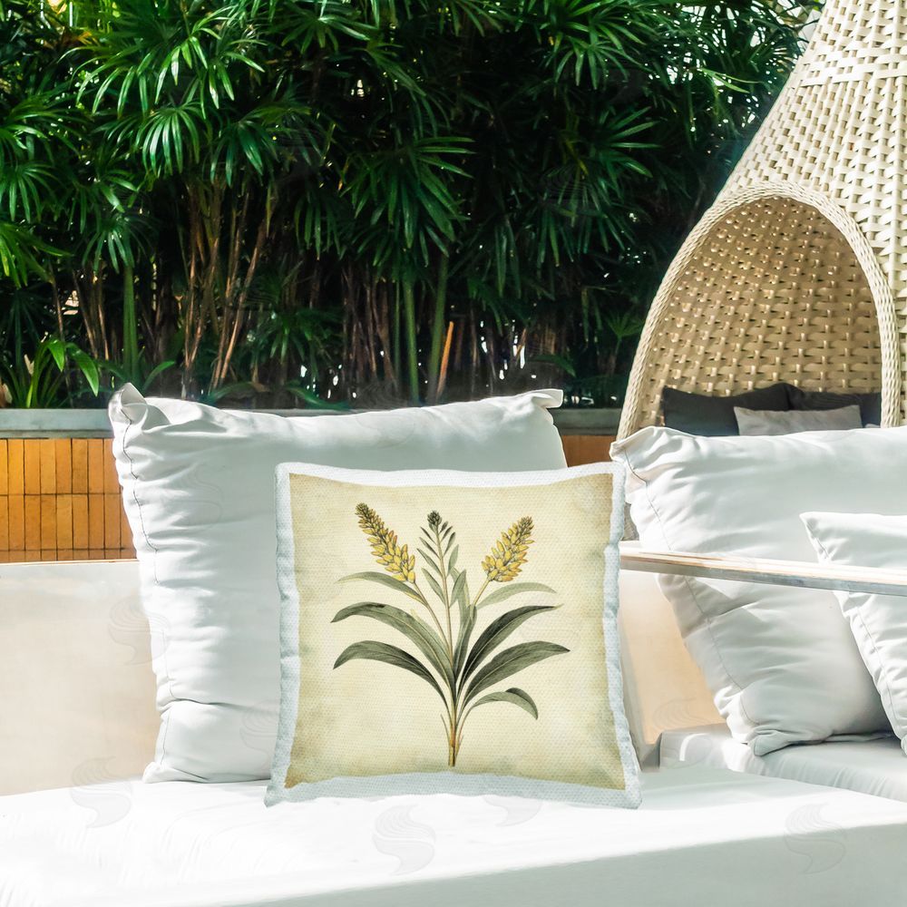 Petal Prints Design Vintage Yellow Wheat Illustration Outdoor Printed Throw Pillow on Patio