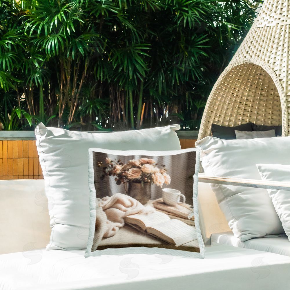 Riley B Morning Coffee Floral Journaling Outdoor Printed Throw Pillow on Patio