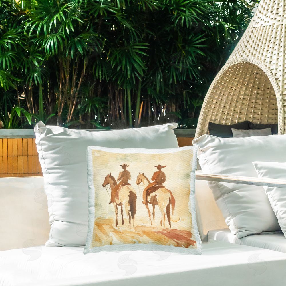 Petal Prints Design Western Watercolor Cowboys Left Outdoor Printed Throw Pillow on Patio