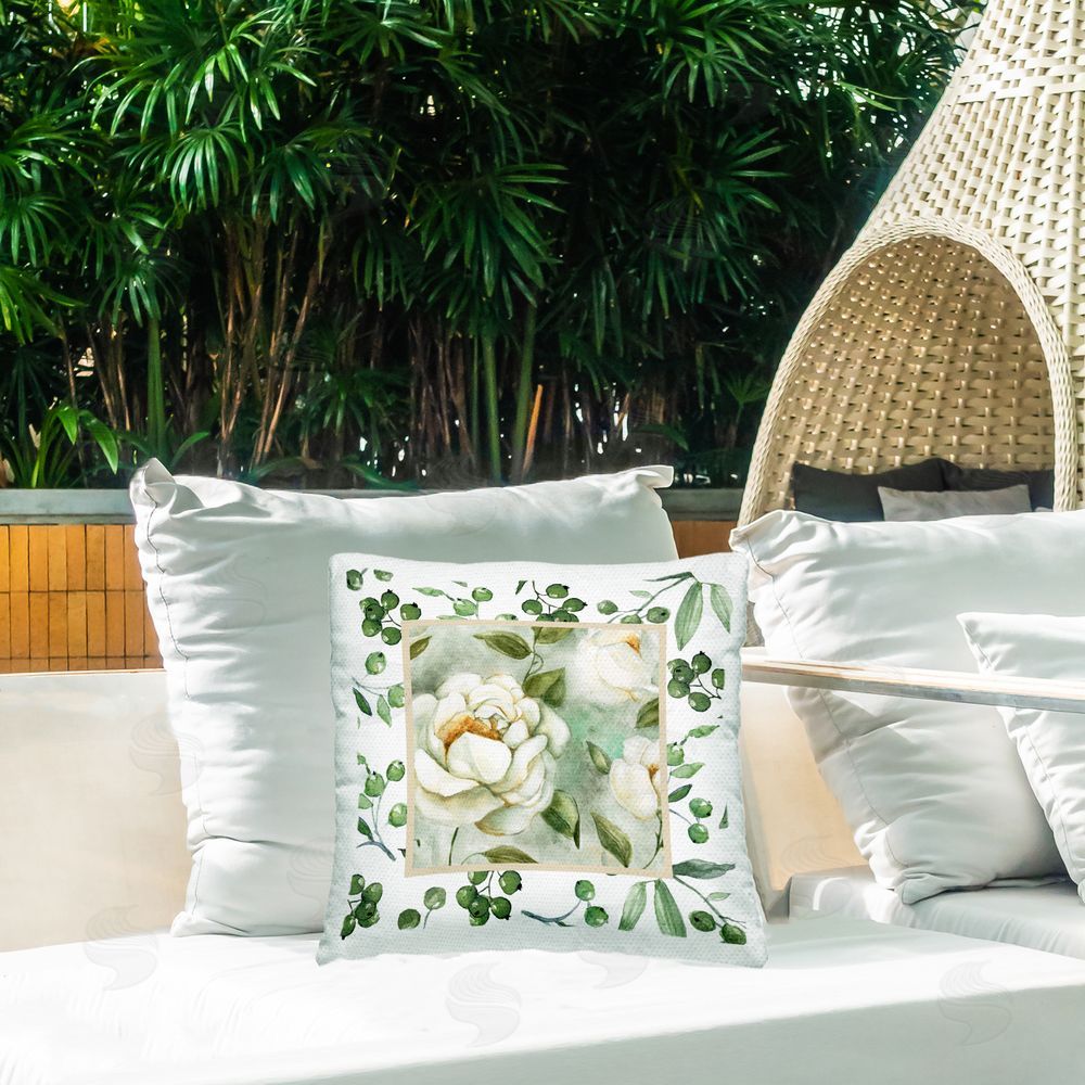 Carol Robinson Botanical Berries & Blooms Outdoor Square Pillow on Patio