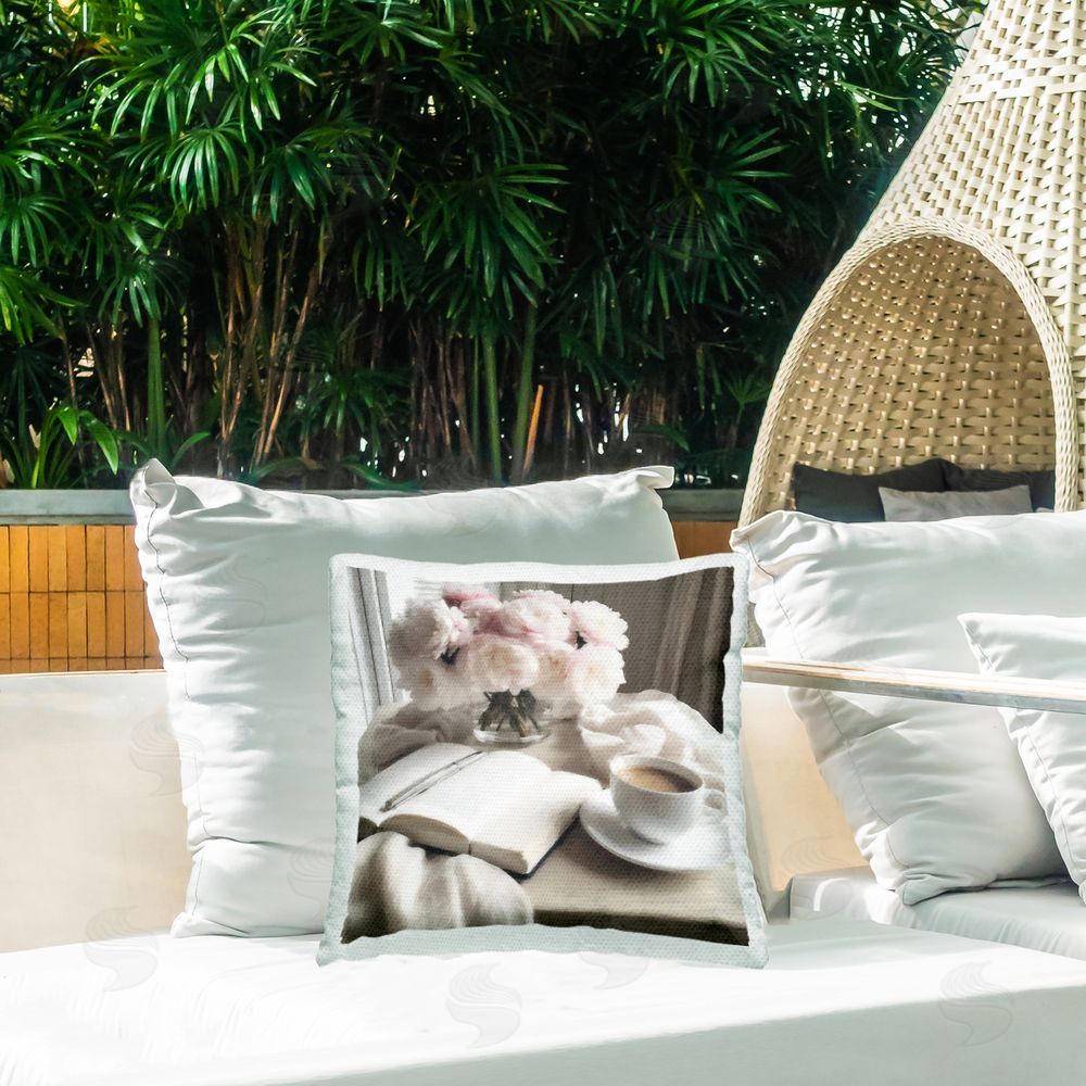 Riley B Morning Coffee Journaling Outdoor Printed Throw Pillow on Patio