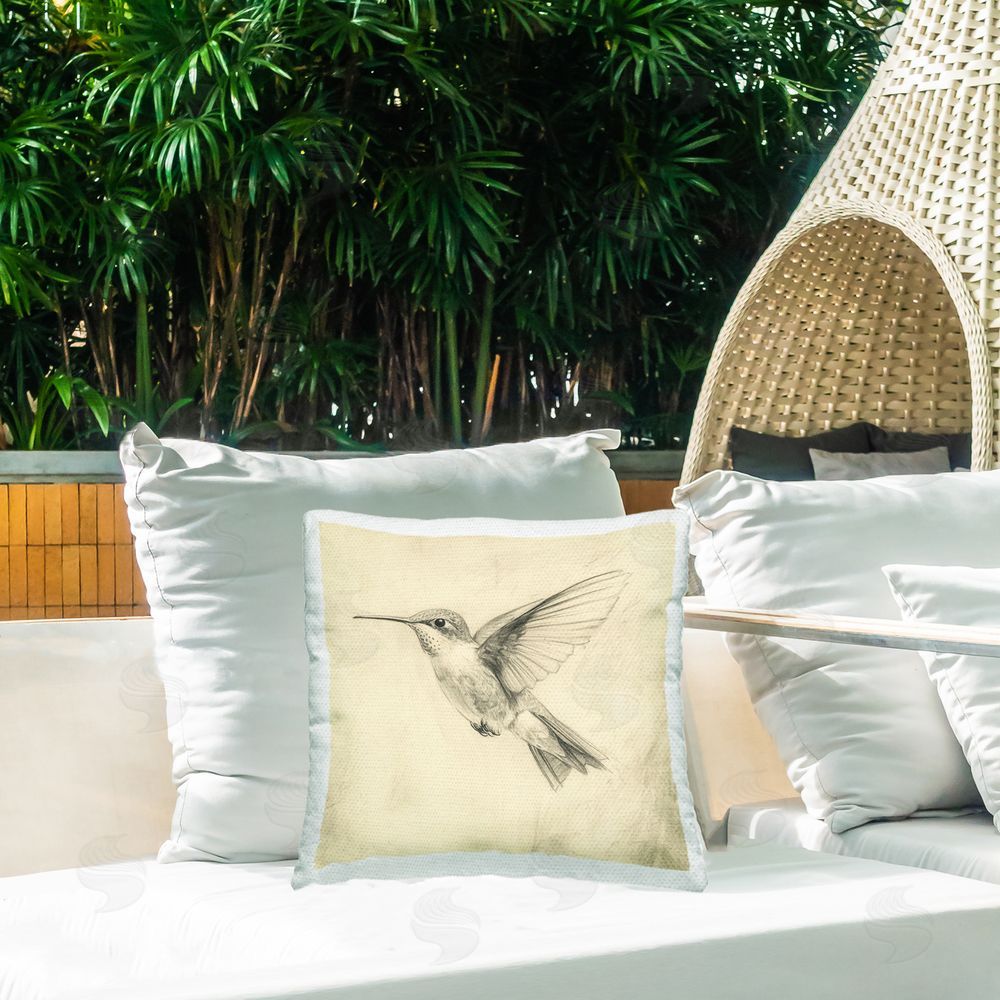 Petal Prints Design Vintage Hummingbird Sketch Outdoor Printed Throw Pillow on Patio