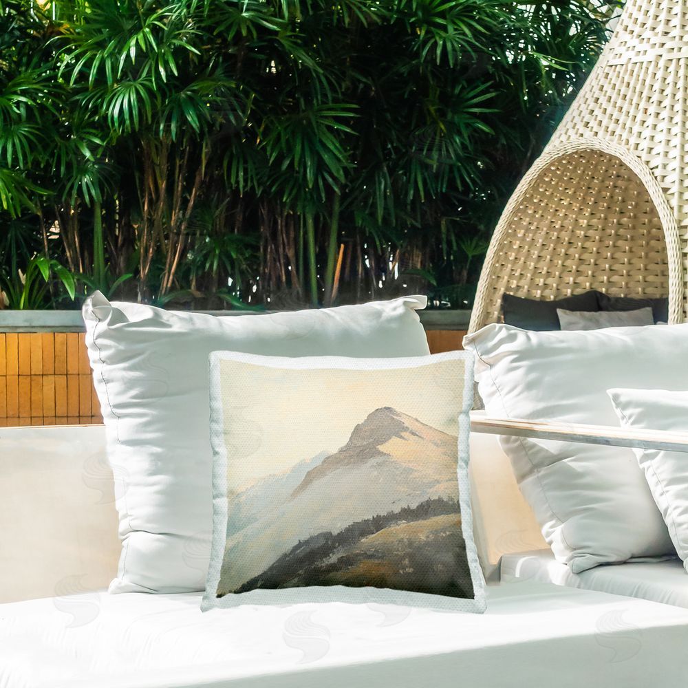 Petal Prints Design Mountain Vista Cliff Landscape Outdoor Printed Throw Pillow on Patio
