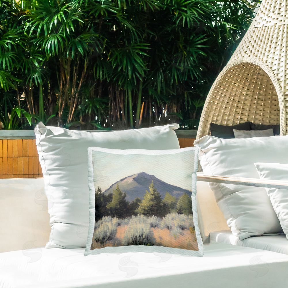 Petal Prints Design Tucson Mountain Landscape Outdoor Printed Throw Pillow on Patio
