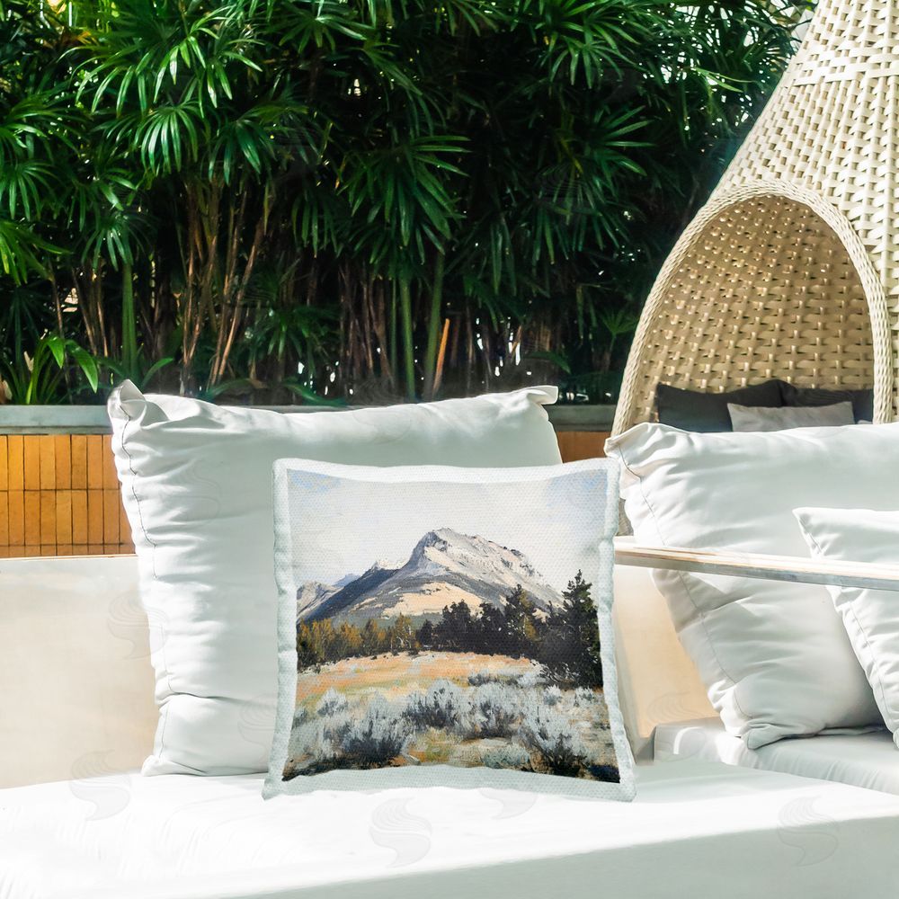 Petal Prints Design Desert Mountains and Forest Landscape Outdoor Printed Throw Pillow on Patio