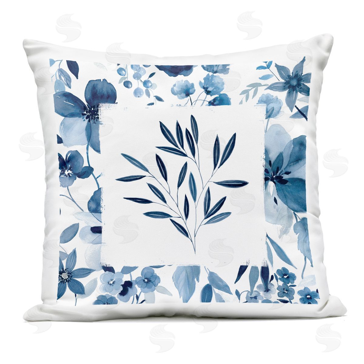 Carol Robinson Indigo Leaves with Border Outdoor Printed Pillow