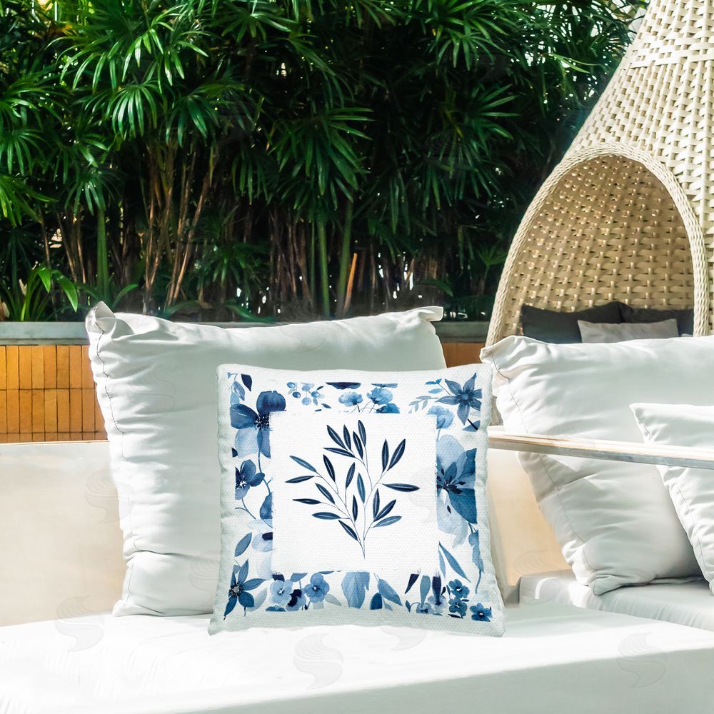 Carol Robinson Indigo Leaves with Border Outdoor Square Pillow on Patio