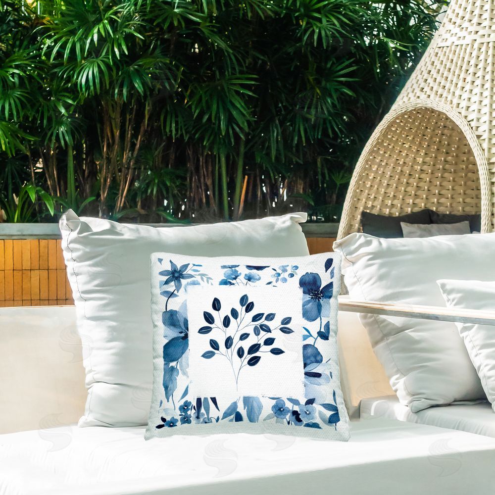 Carol Robinson Indigo Leaves on White Outdoor Square Pillow on Patio