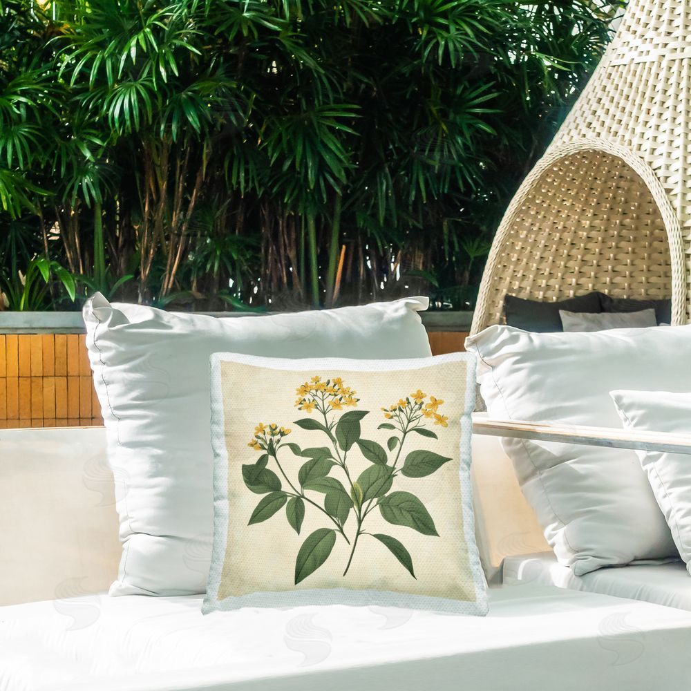 Petal Prints Design Yellow Bushels Botanical Illustration Outdoor Printed Throw Pillow on Patio