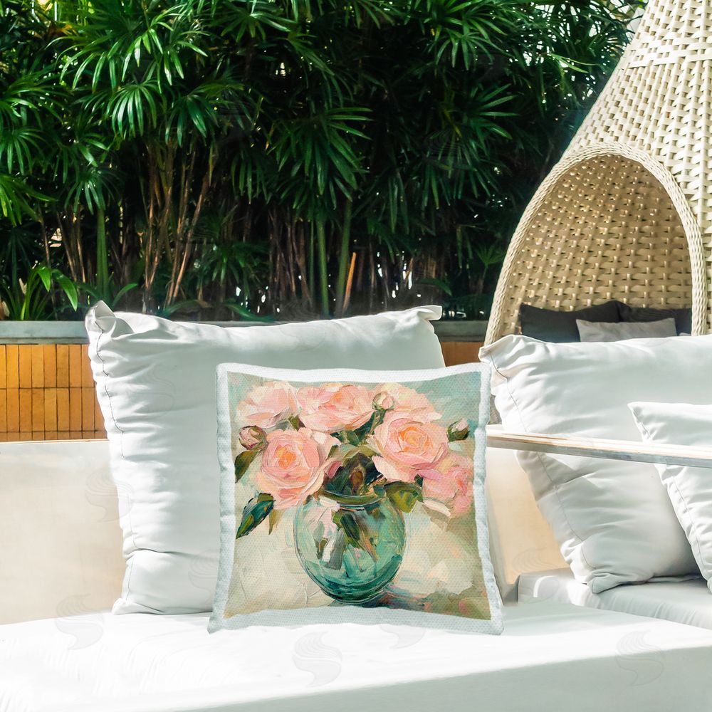 Gina Kelly Pink Roses in Green Vase Outdoor Printed Throw Pillow on Patio