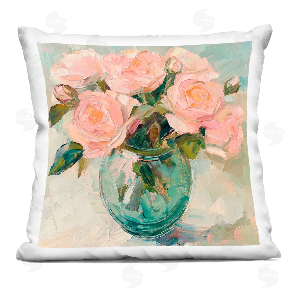 Gina Kelly Pink Roses in Green Vase Indoor Printed Throw Pillow