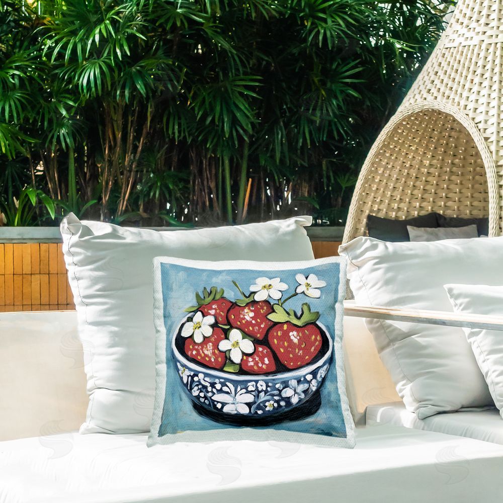 Gina Kelly Strawberries in Blue Bowl Outdoor Printed Throw Pillow on Patio