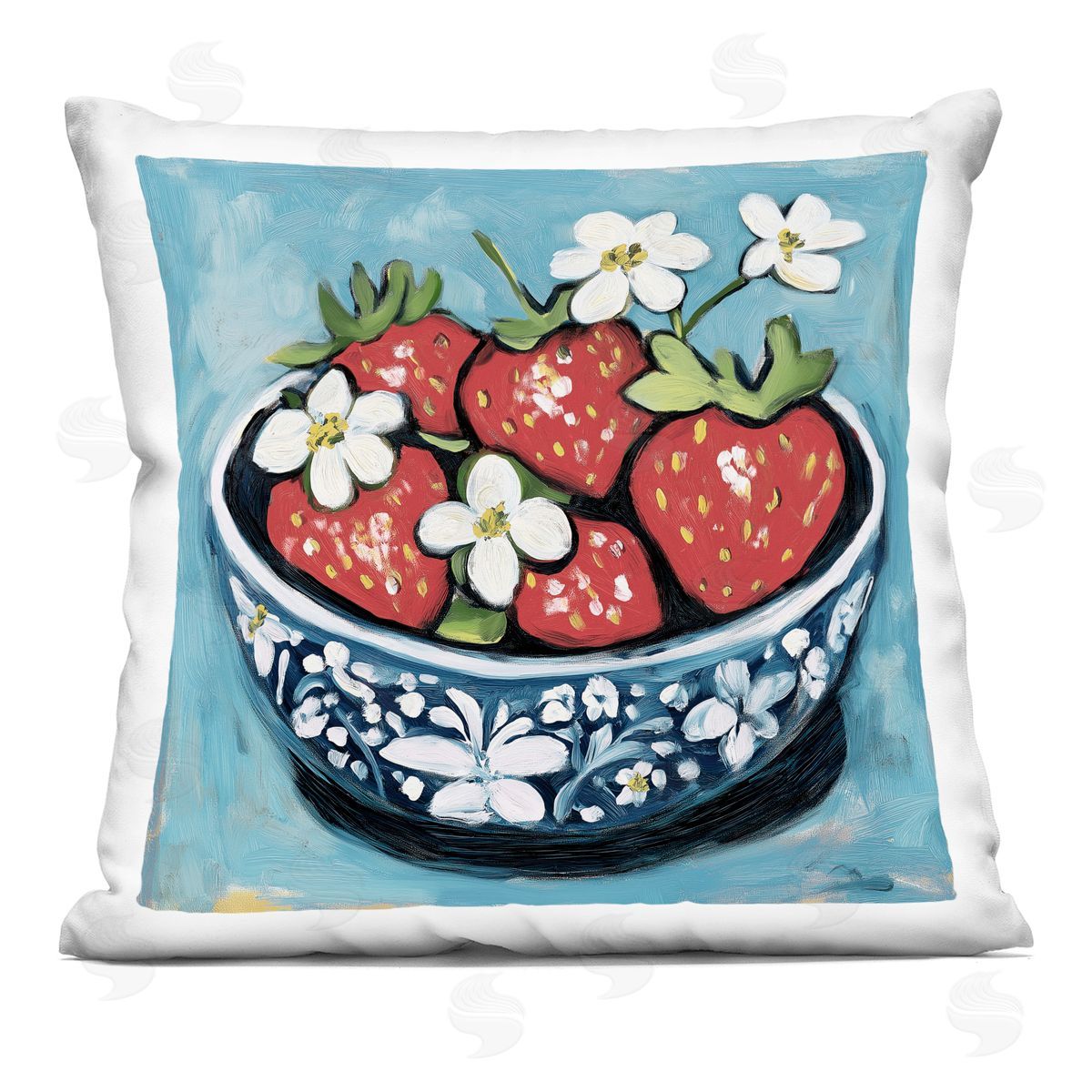 Gina Kelly Strawberries in Blue Bowl Indoor Printed Throw Pillow