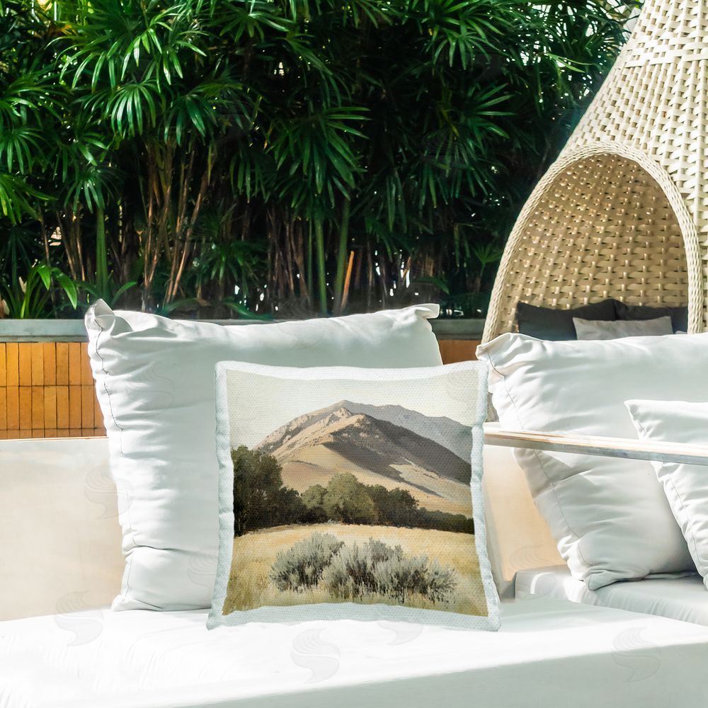 Petal Prints Design Mountain Ridgeline Landscape Outdoor Printed Throw Pillow on Patio