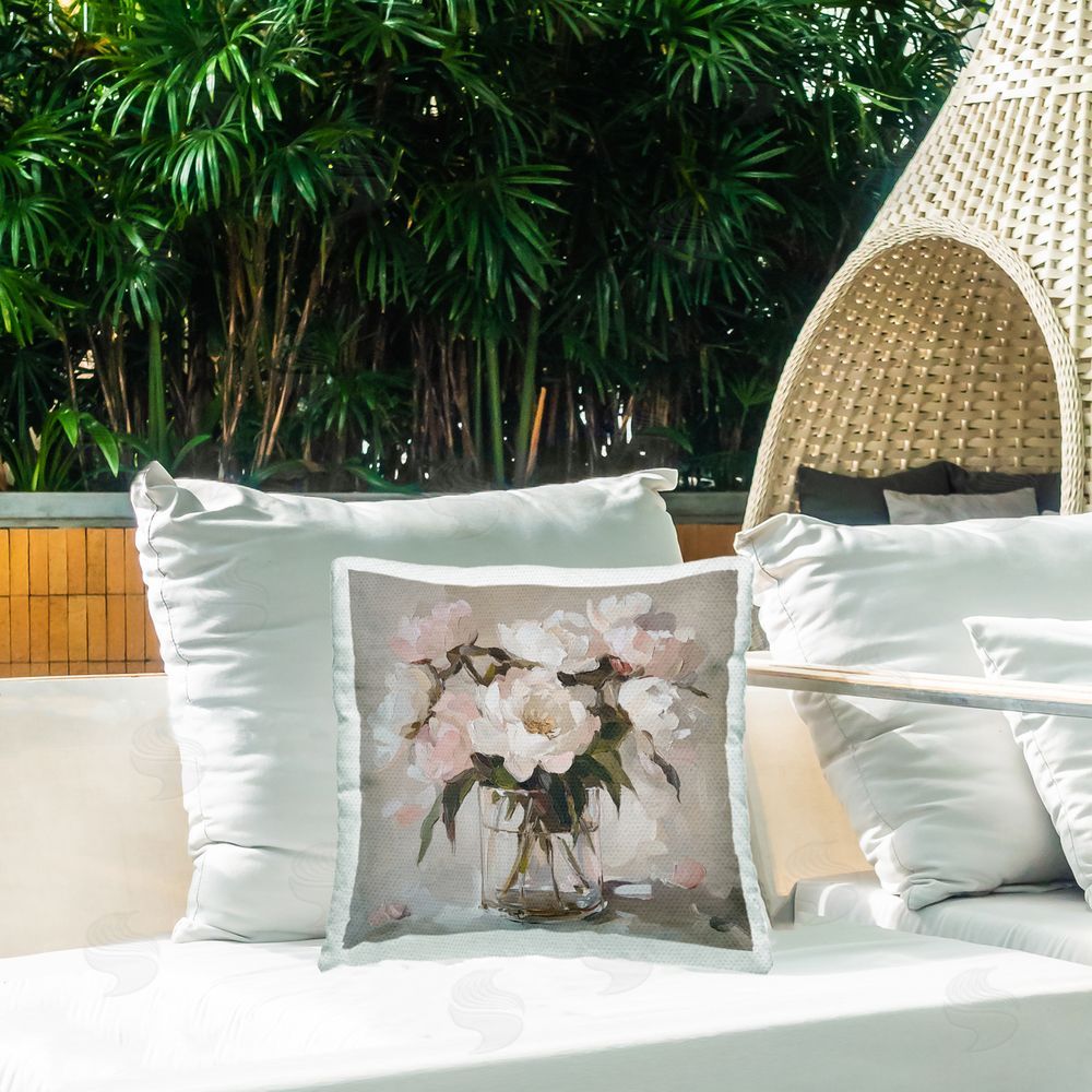 Gina Kelly Pink Peonies in Clear Vase Outdoor Printed Throw Pillow on Patio