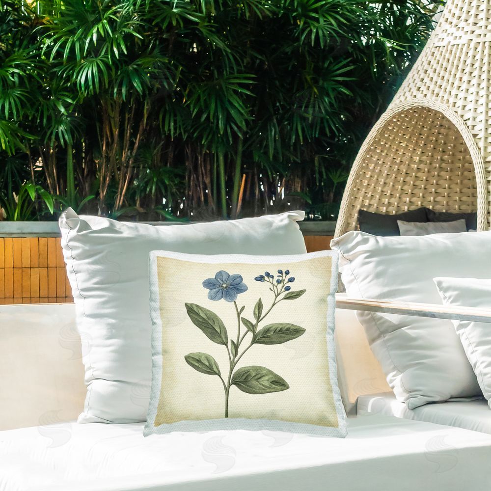 Petal Prints Design Vintage Blue Blossoms Wildflower Outdoor Printed Throw Pillow on Patio