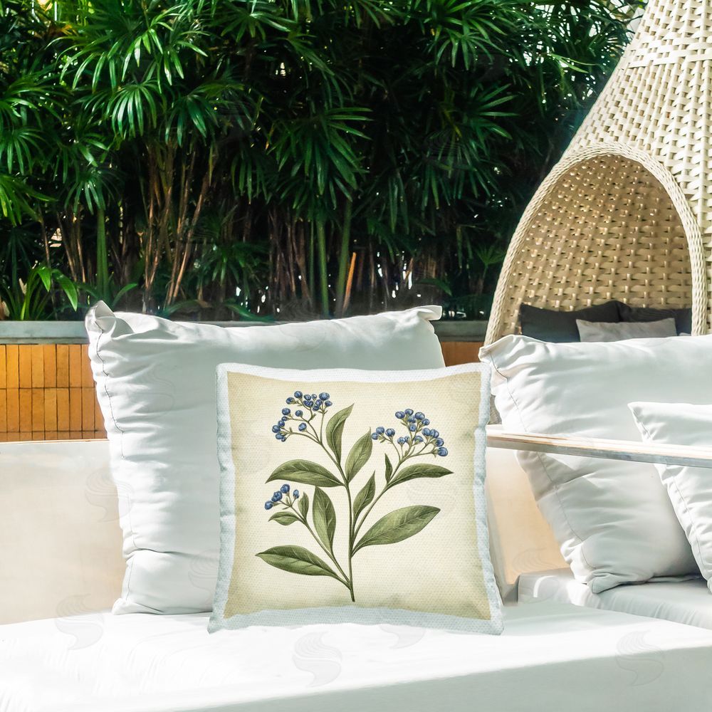 Petal Prints Design Blue Buds Botanical Illustration Outdoor Printed Throw Pillow on Patio