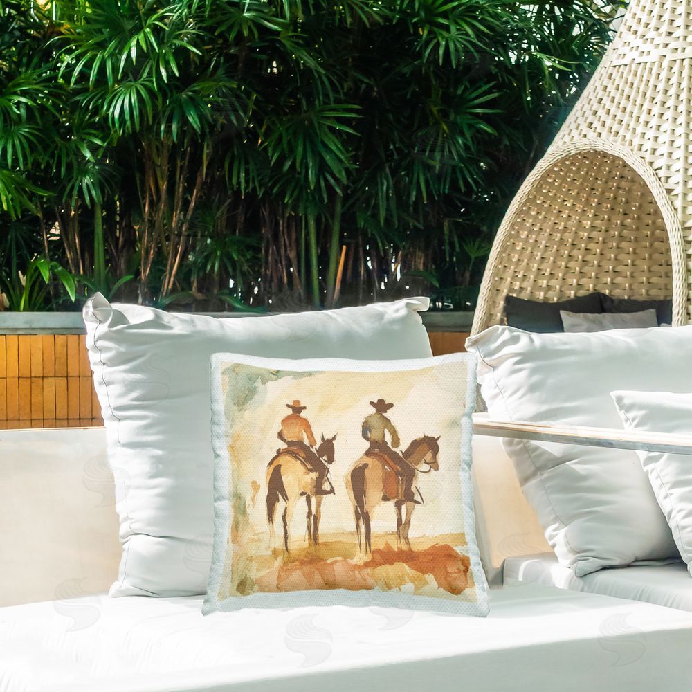 Petal Prints Design Western Watercolor Cowboys Right Outdoor Printed Throw Pillow on Patio