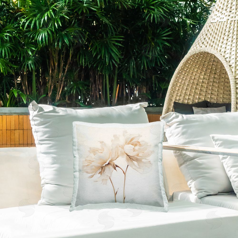 Creative Studio Soft Blooming White Peonies Outdoor Printed Throw Pillow on Patio