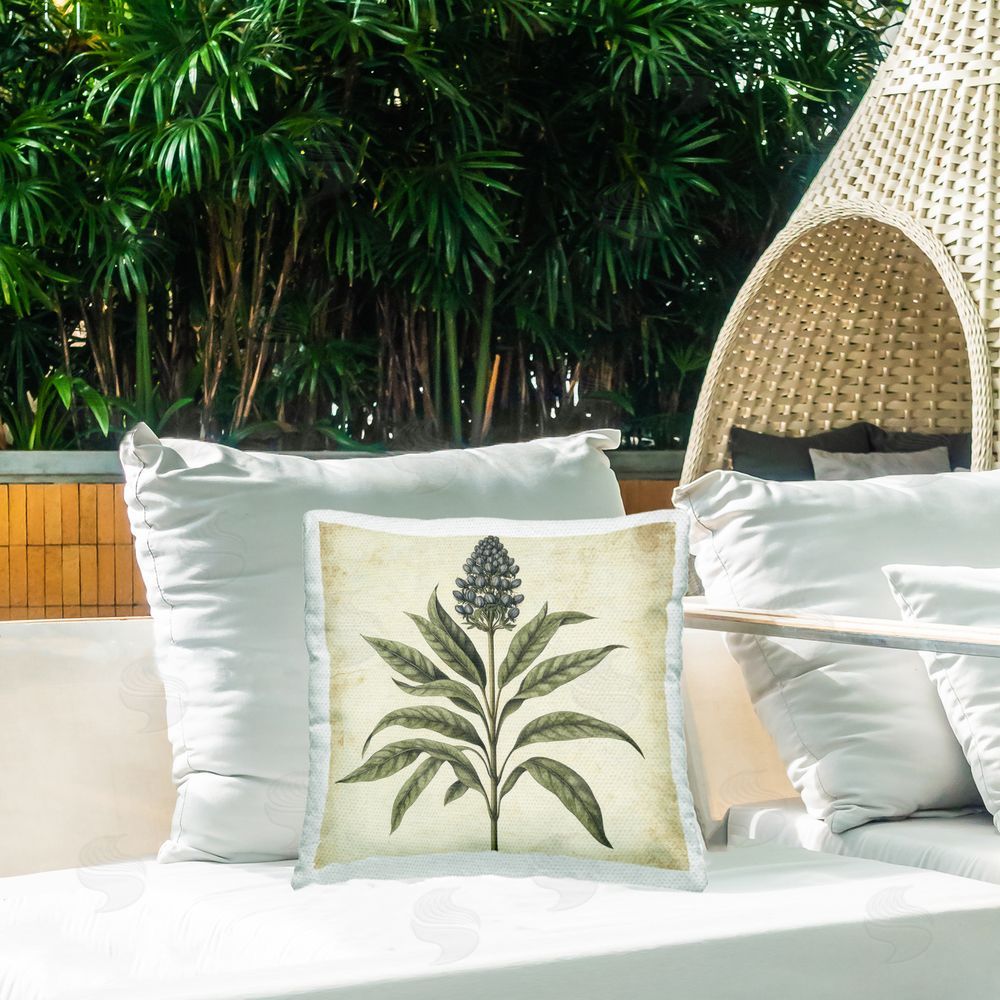 Petal Prints Design Vintage Blue Botanical Illustration Outdoor Printed Throw Pillow on Patio