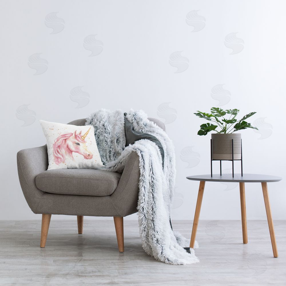 Creative Studio Pink Unicorn with Paint Splatter Printed Indoor Throw Pillow in Room