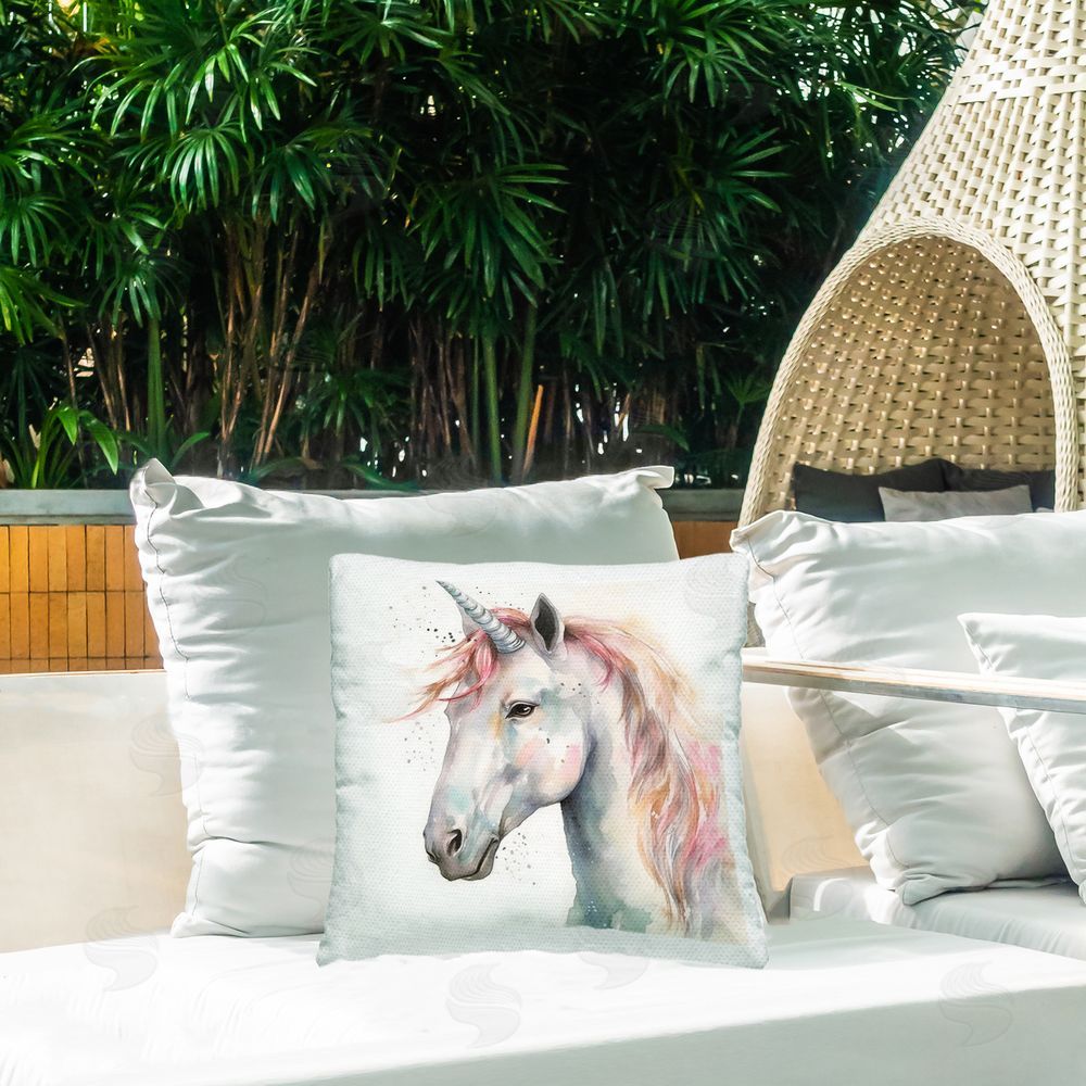 Creative Studio Unicorn With Pink Mane Outdoor Printed Throw Pillow on Patio
