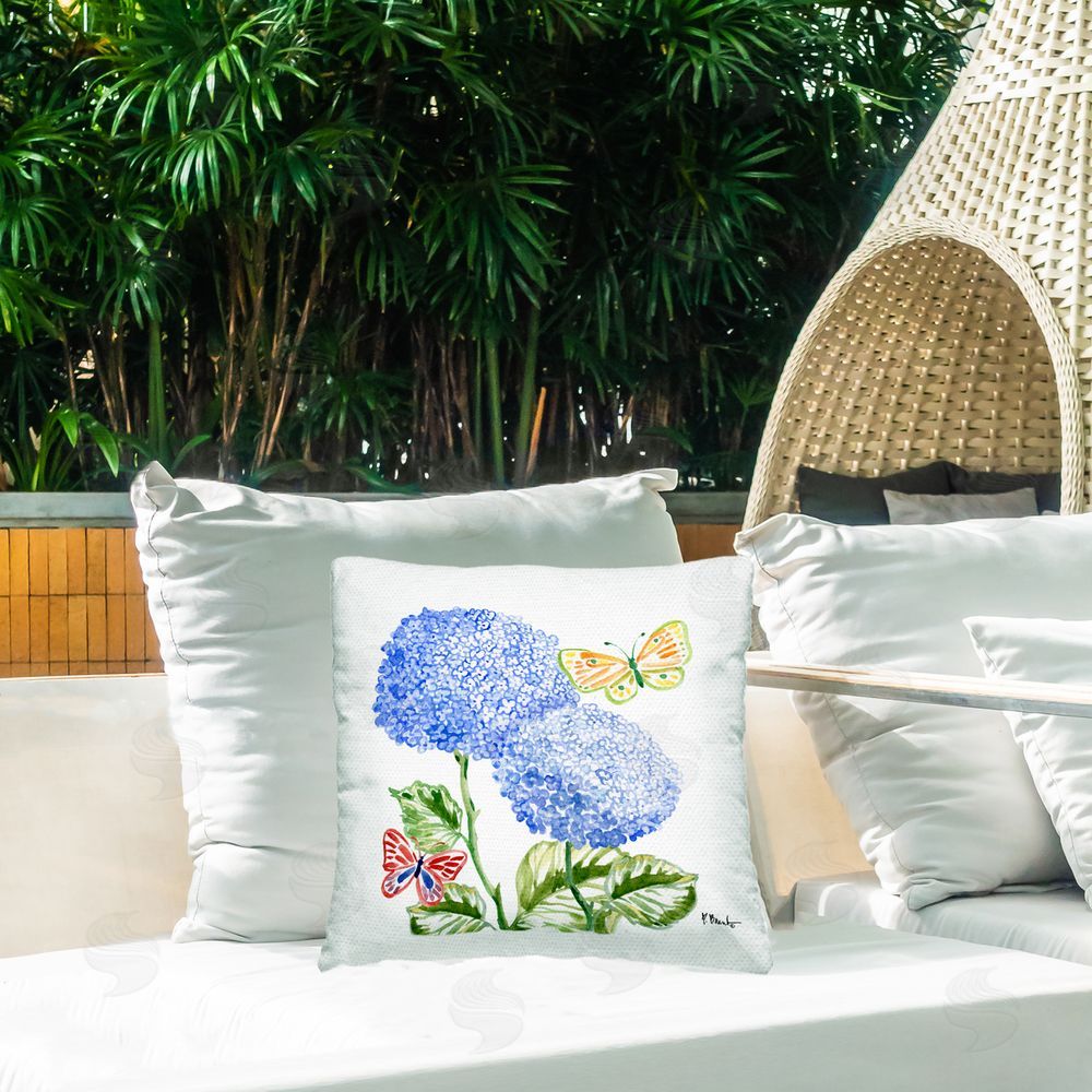Paul Brent Brushstroke Hydrangea & Butterflies Outdoor Square Pillow on Patio