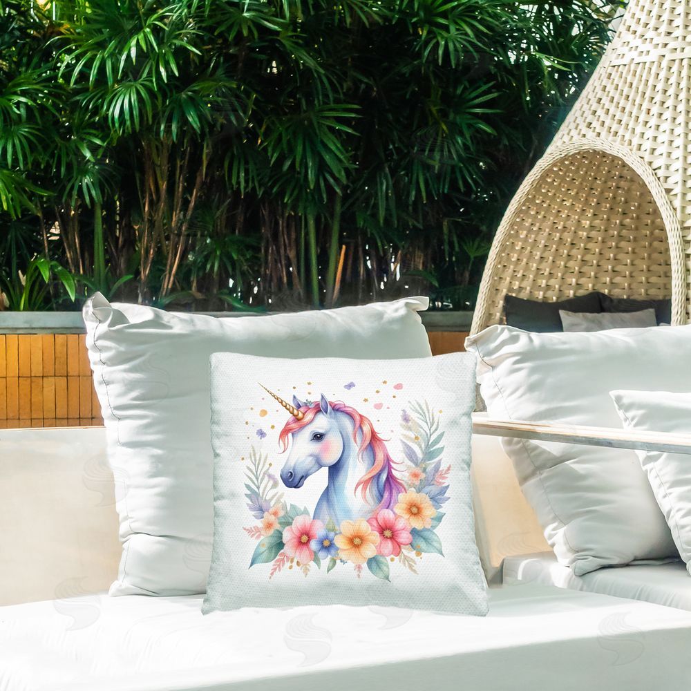Creative Studio Colorful Unicorn with Flowers Outdoor Printed Throw Pillow on Patio