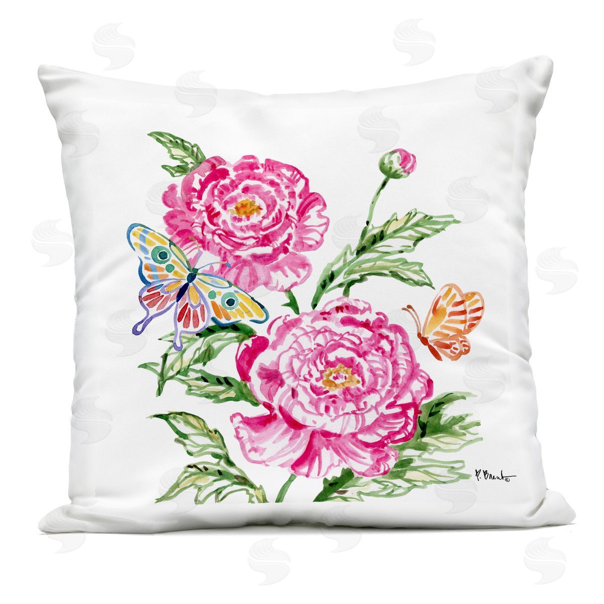 Paul Brent Brushstroke Peonies & Butterflies Outdoor Printed Pillow
