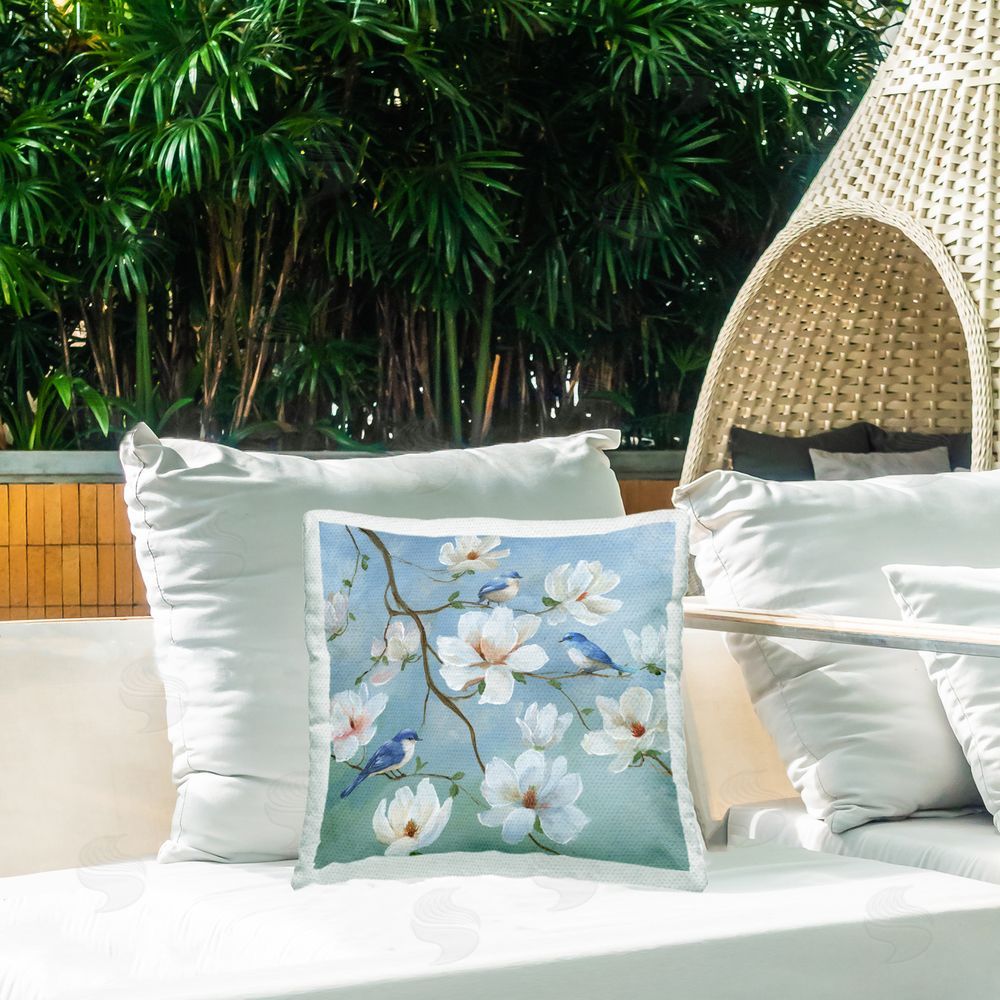 Nan Birds Blooms And Branches Outdoor Square Pillow on Patio