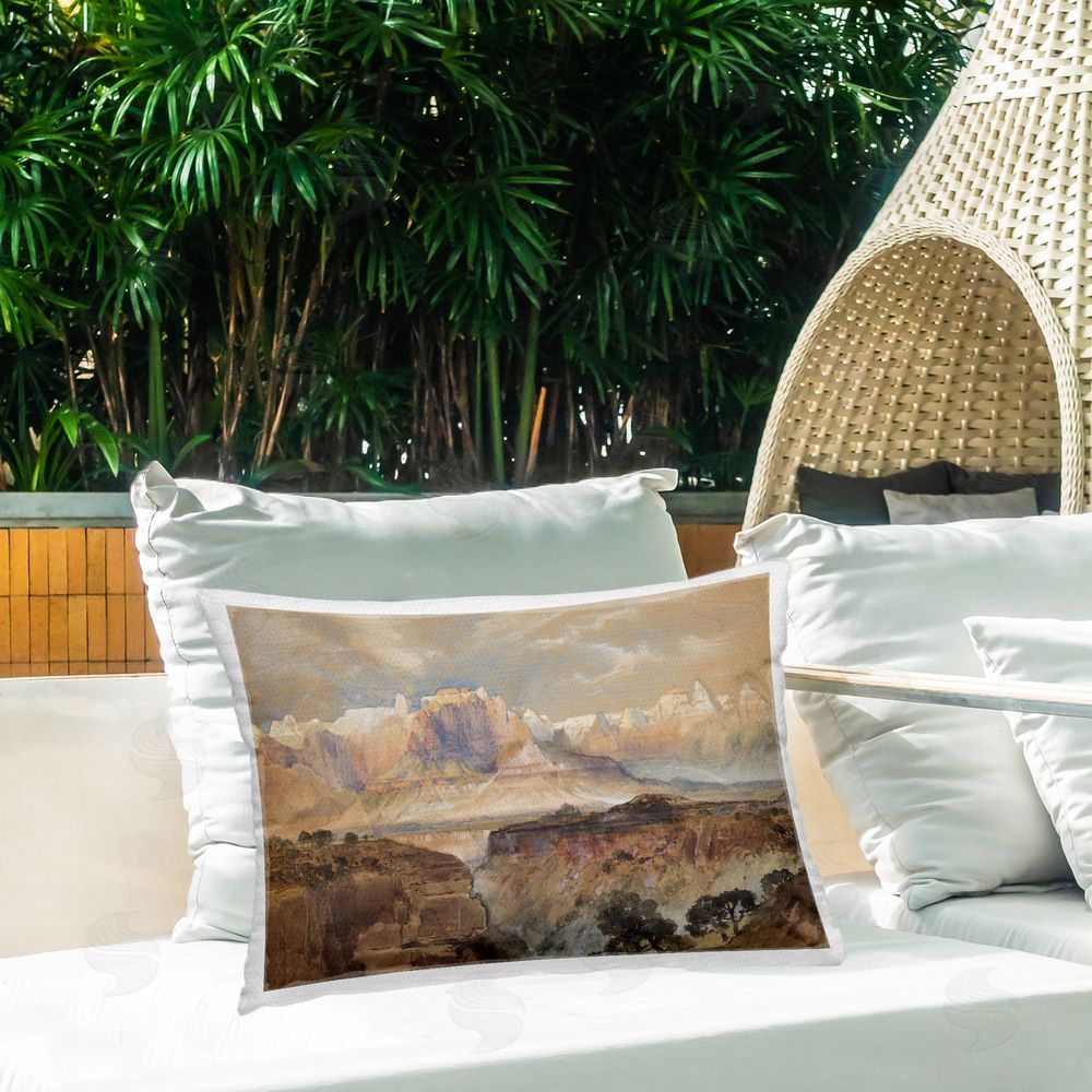 Corinne Haig Vast and Distant Canyon Outdoor Printed Throw Pillow on Patio