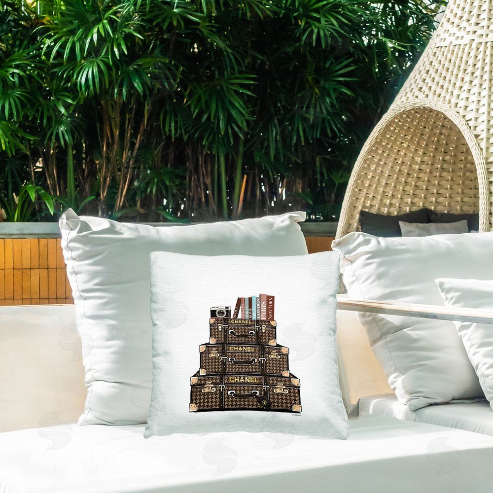 Amanda Greenwood Travel Vintage Luggage & Books Outdoor Printed Throw Pillow on Patio