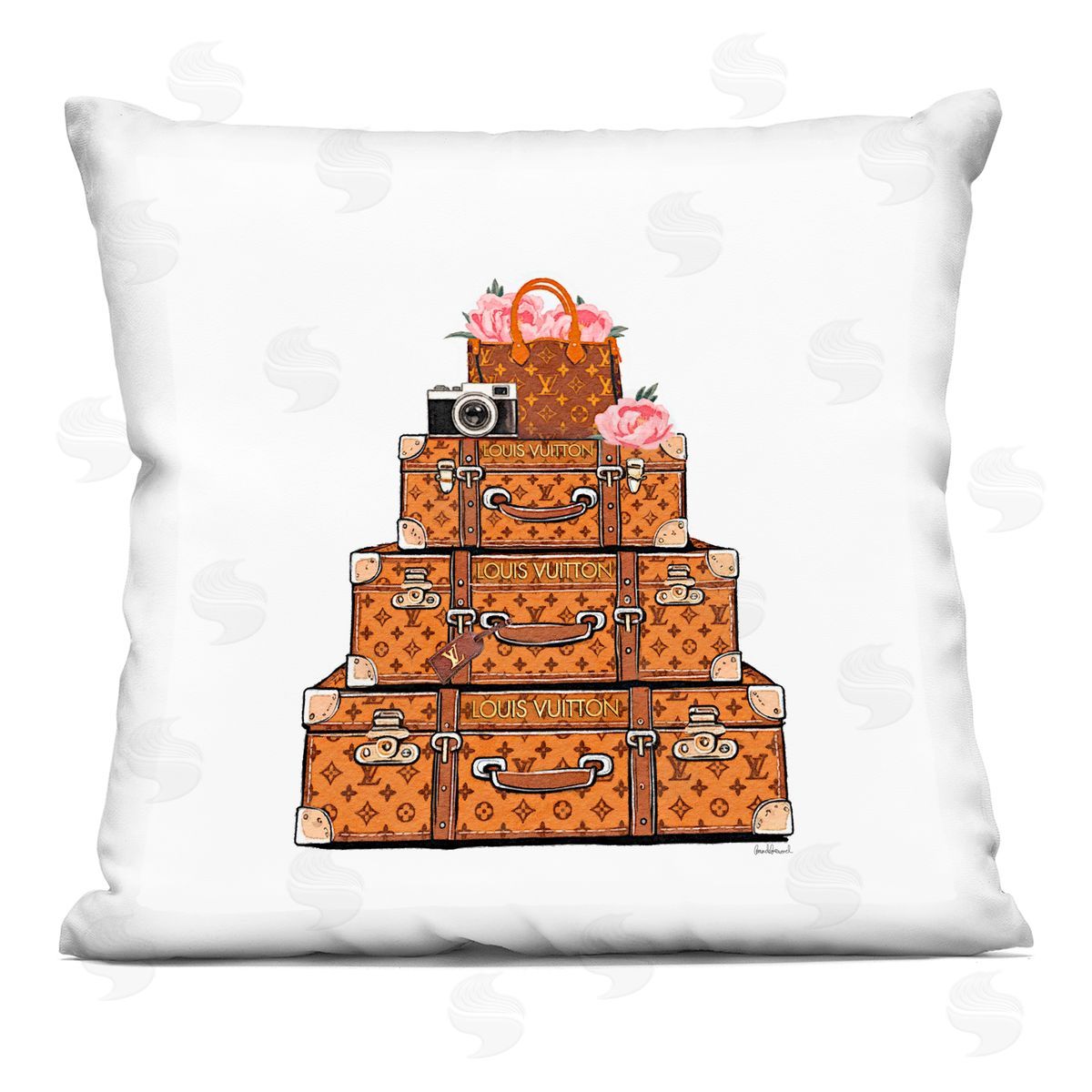 Amanda Greenwood Stacked Luggage with Floral Handbag Indoor Printed Throw Pillow